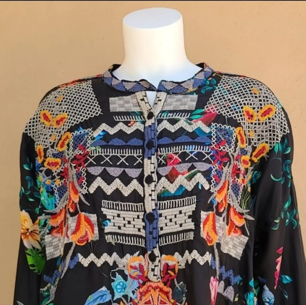 JOHNNY WAS BIYA ANTHRO Veda Embroidered Silk Blouse S M L Shirt Peasant Top Boho